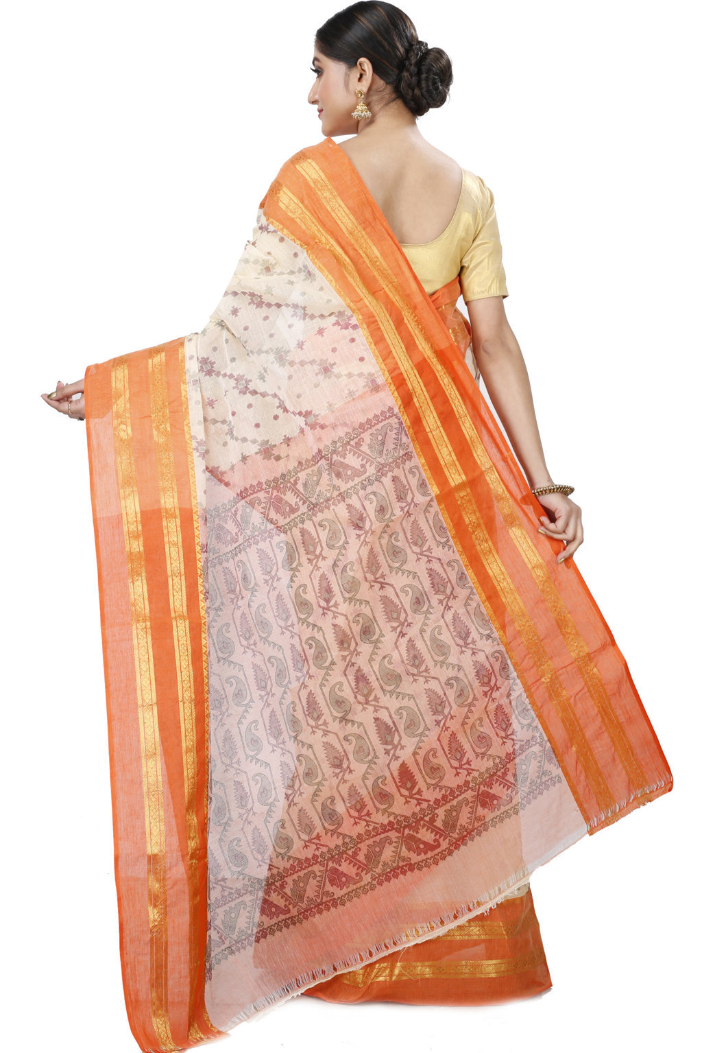 Orange Pure Cotton Rashi Print Tant Saree Print (1010)